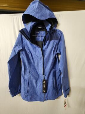 Nautica Stretch Rain Jacket Women's XS Blue Hooded Waterproof Windbreaker NWT
